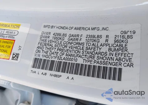 2020 Honda Accord Ex-L from USA, damaged, VIN 1HGCV1F52LA000010